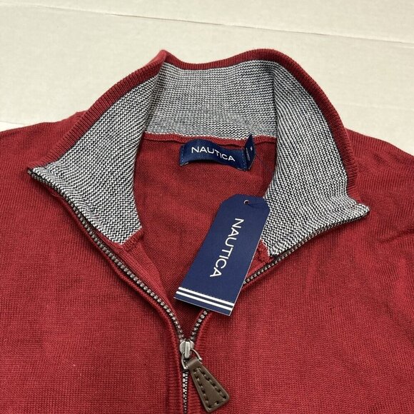 Nautica Sweater Mens M 1/4 Zip Burgundy Pullover Mock Neck Classic Preppy Casual - Picture 5 of 8